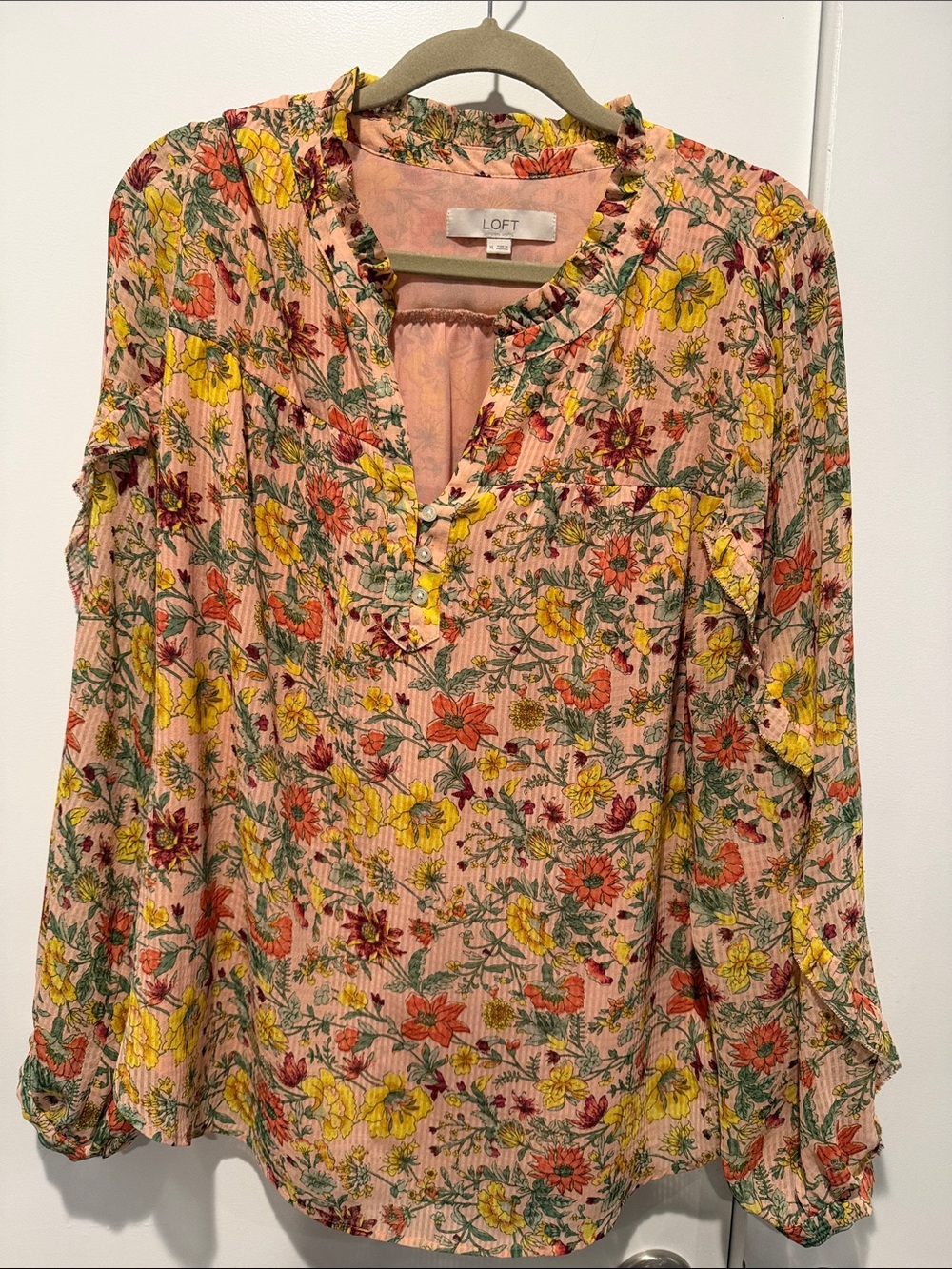 LOFT Pink Floral Ruffle Henley Blouse with Yellow & Green Flowers